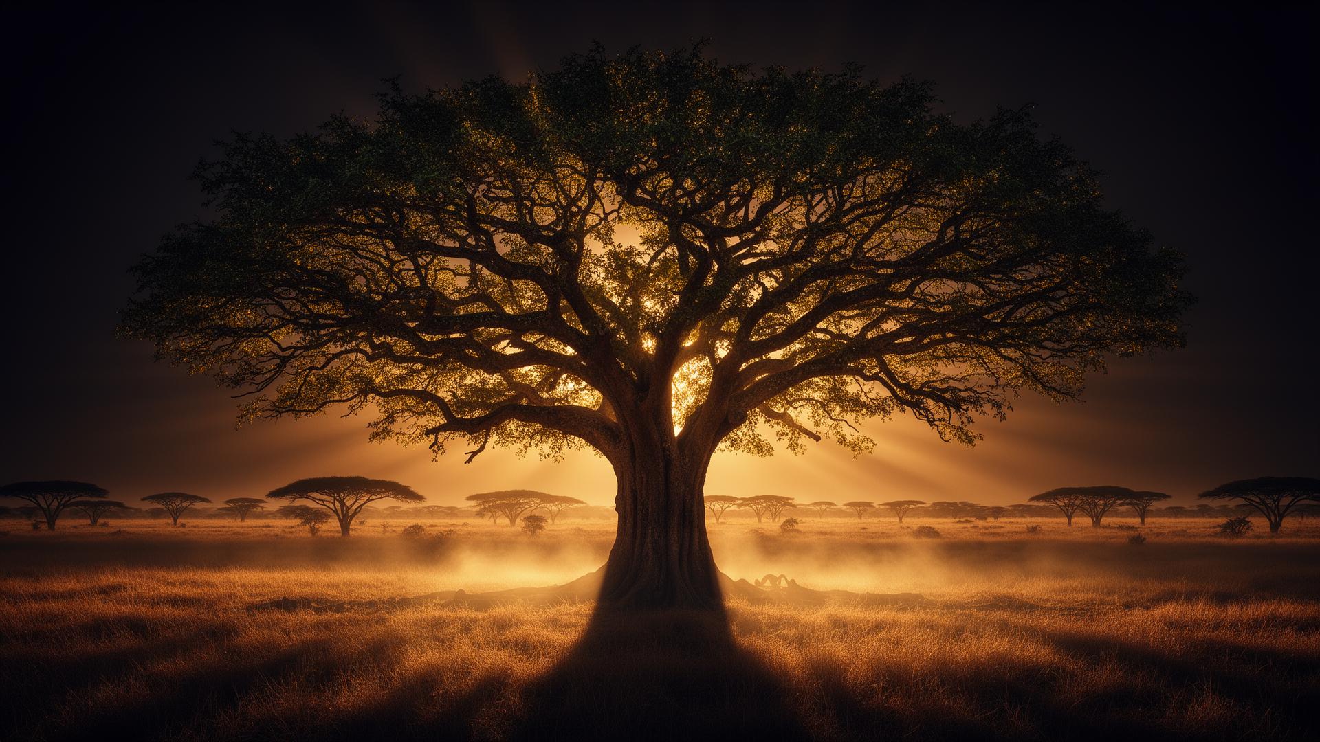 A solitary iroko tree at golden hour